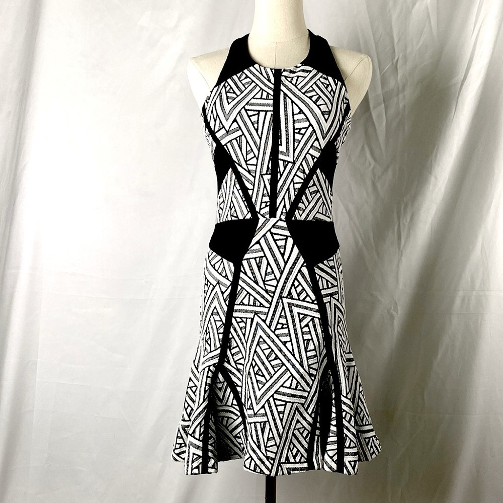 Parker Neve Fit & Flare Dress Black & White Geometric Print BodyCon XS